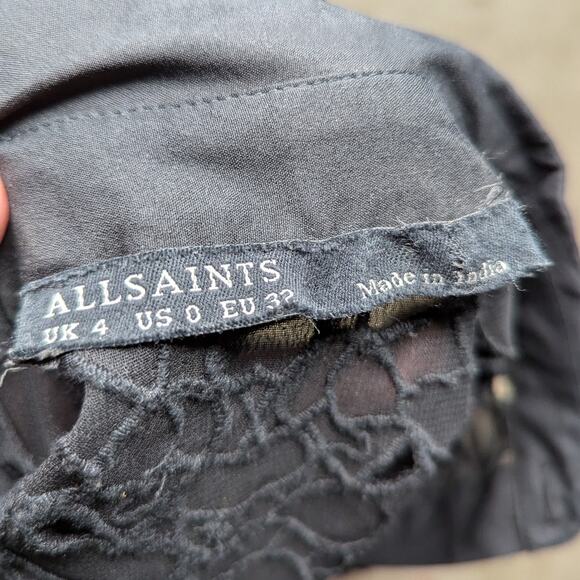 Allsaints Zepetelli Black Sheer Floral Eyelet Lace Mini Button Up Shirt Dress 0 - Picture 5 of 7